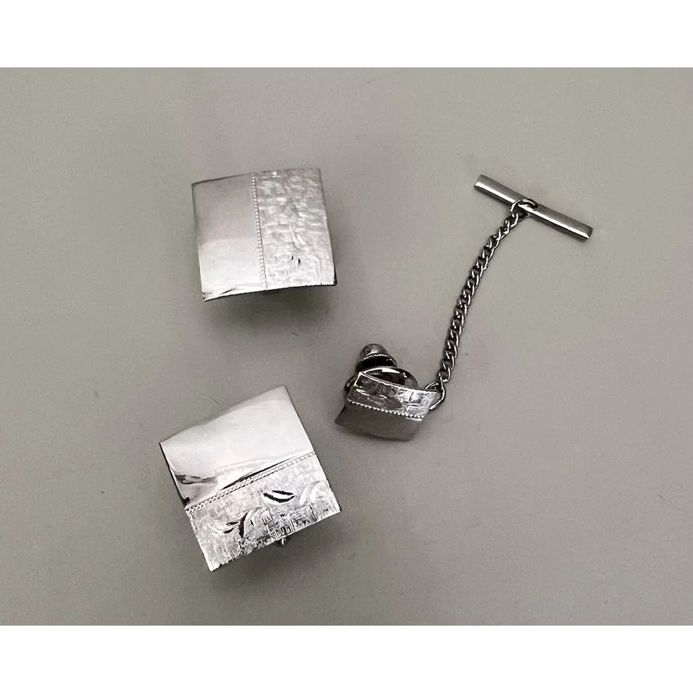 Vintage  Silver‎ Tone Cufflinks Tie Bar Embassy Fine Jewelry Men MCM 1950's